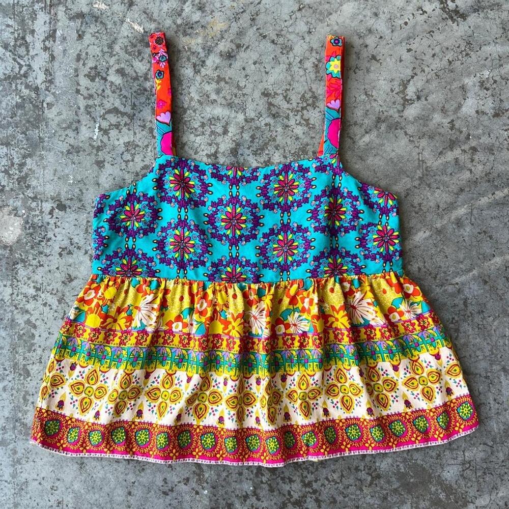 Natural Life Womens Medium Boho Floral Smocked Back Babydoll Cami Tank Top Rayon